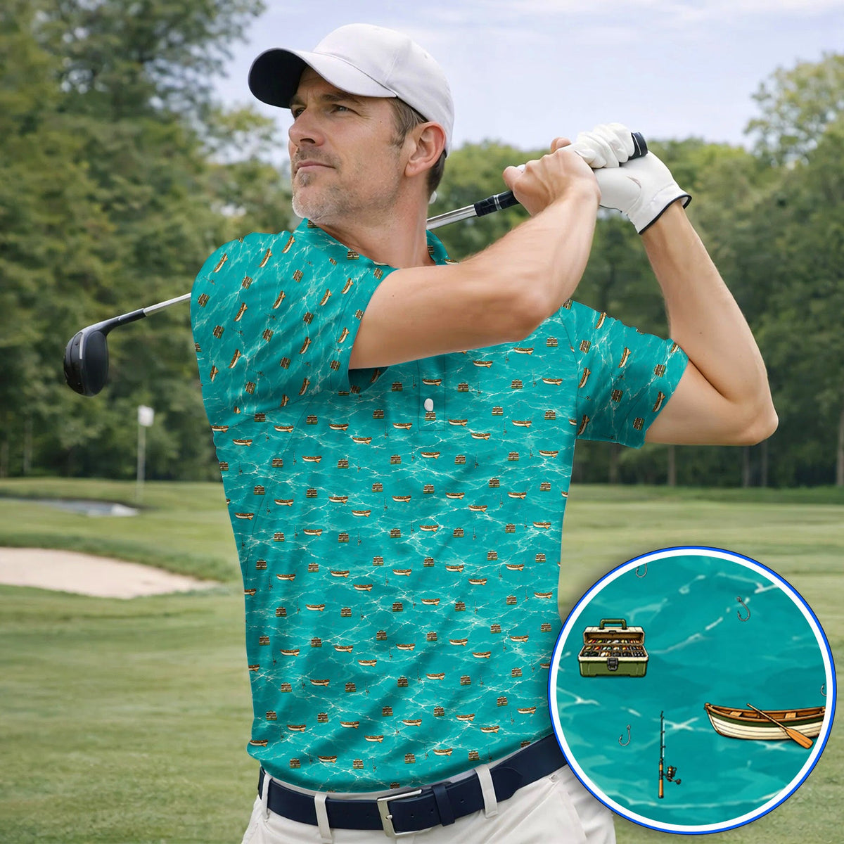 Fishing Pattern Golf Polos, Fishing Boat With Tackle Pattern Golf Shirt, Unique Fishing Gift for Fishermen And Golfer
