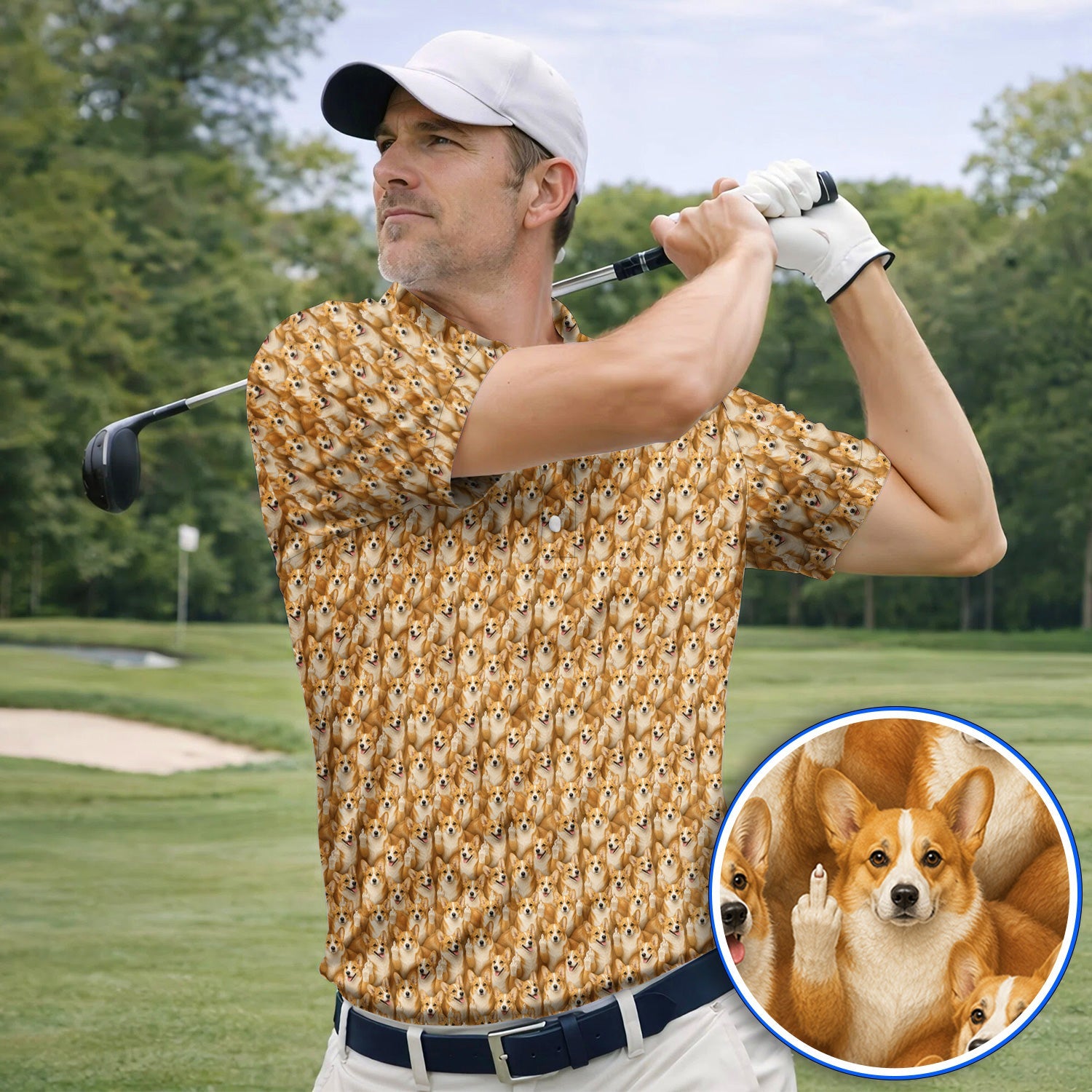 Crazy Corgi Golf Polos, Corgi Pattern Golf Shirt, Golf Gift For Golfer