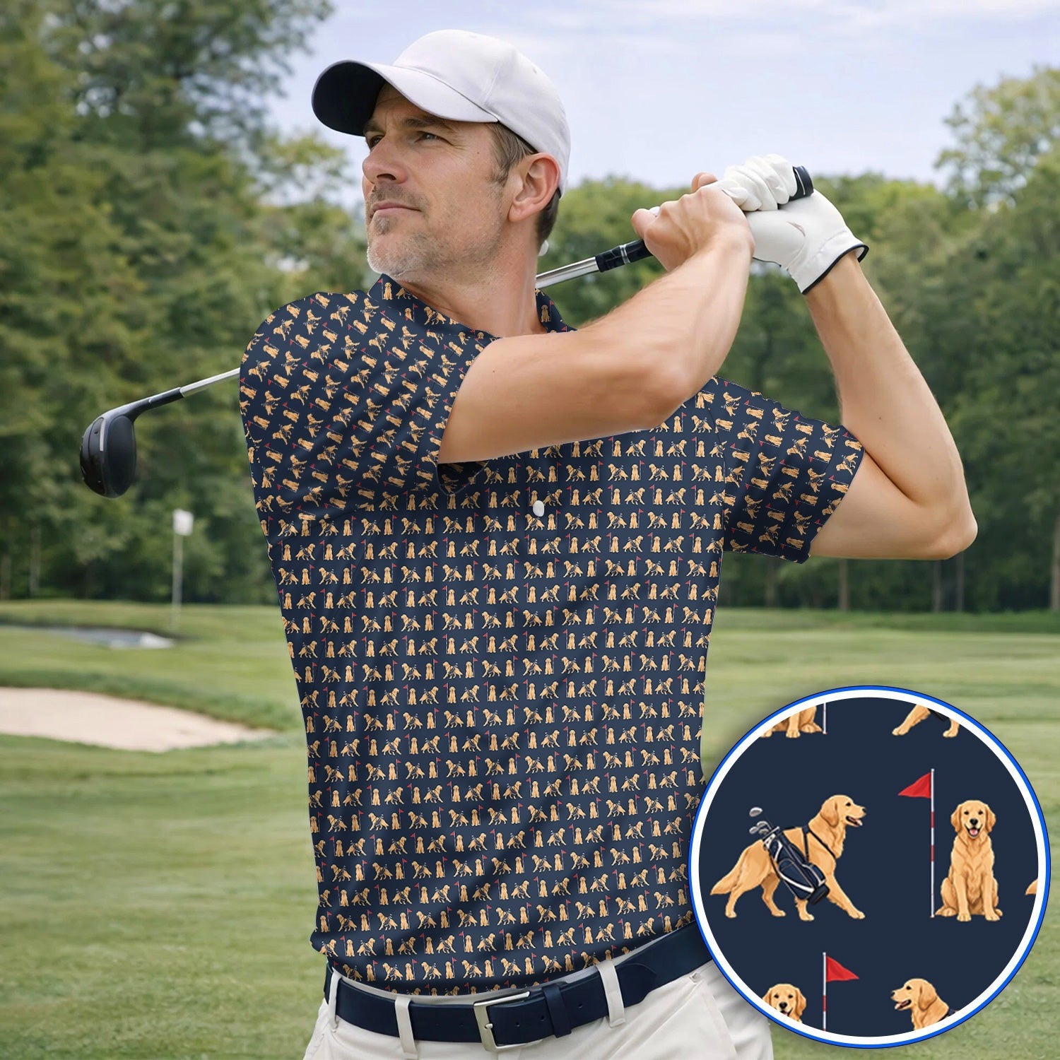Funny Golden Retriever Golf Shirt, Golden Retriever Pattern Golf Polos, Dog Lover Golf Shirt