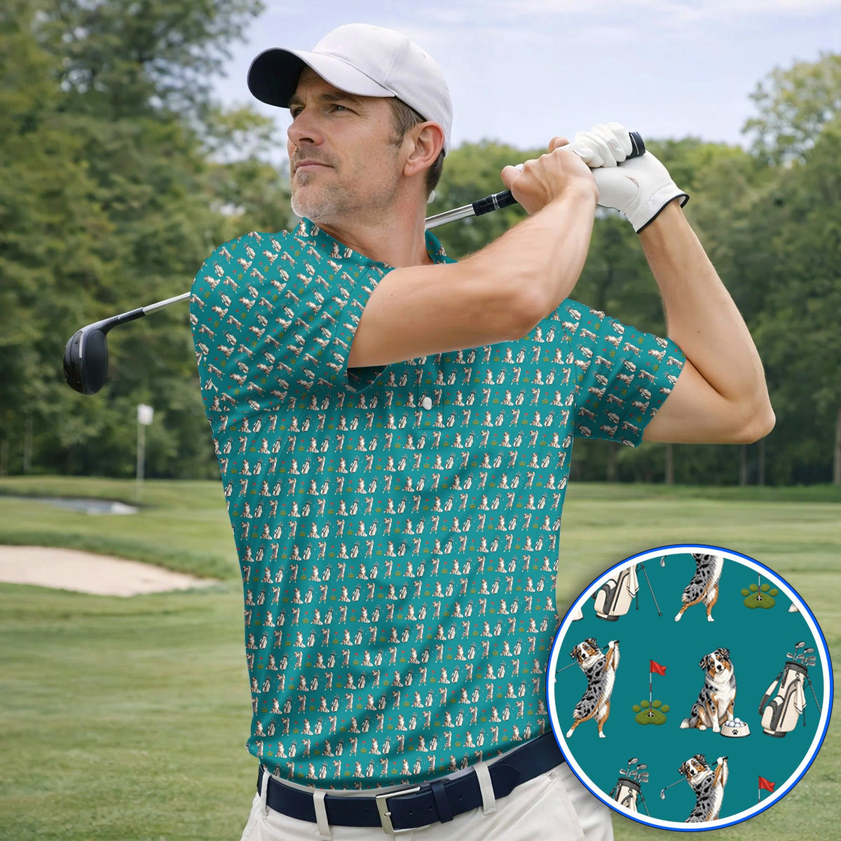 Australian Shepherd Pattern Golf Polos, Aussie Dog Golf Shirt, Crazy Golf Gift For Golfer