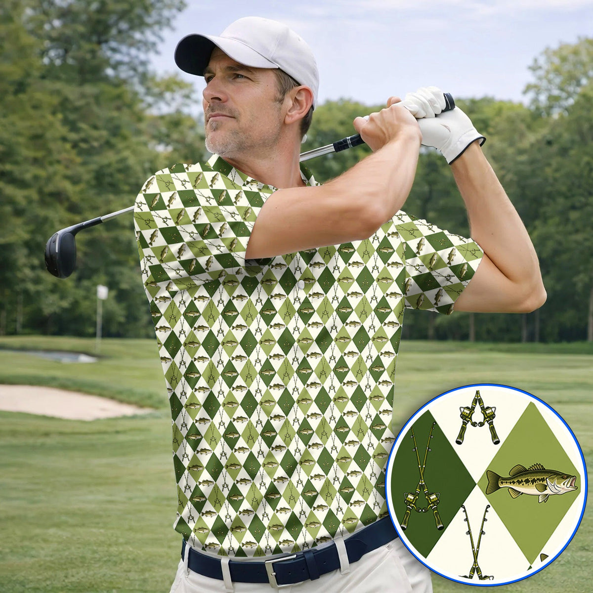 Bass Fishing Golf Polos, Fishing Bass & Rod Pattern Golf Shirt, Crazy Golf Gift For Golfers