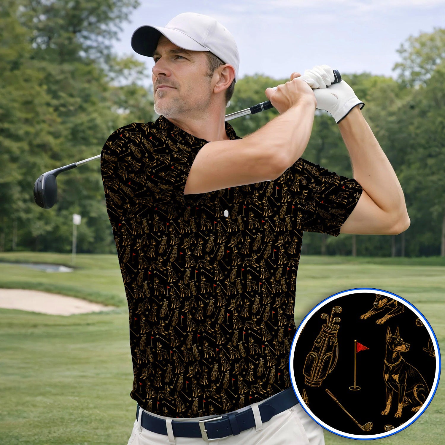 Crazy Doberman Golf Polos, Doberman Pattern Golf Shirt, Golf Gift For Golfer