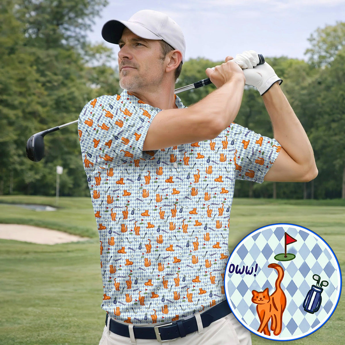 Cute Orange Cat Golf Shirt, Meow Cat And Golf Pattern Polos, Funny Cat Golf Gift For Golfer