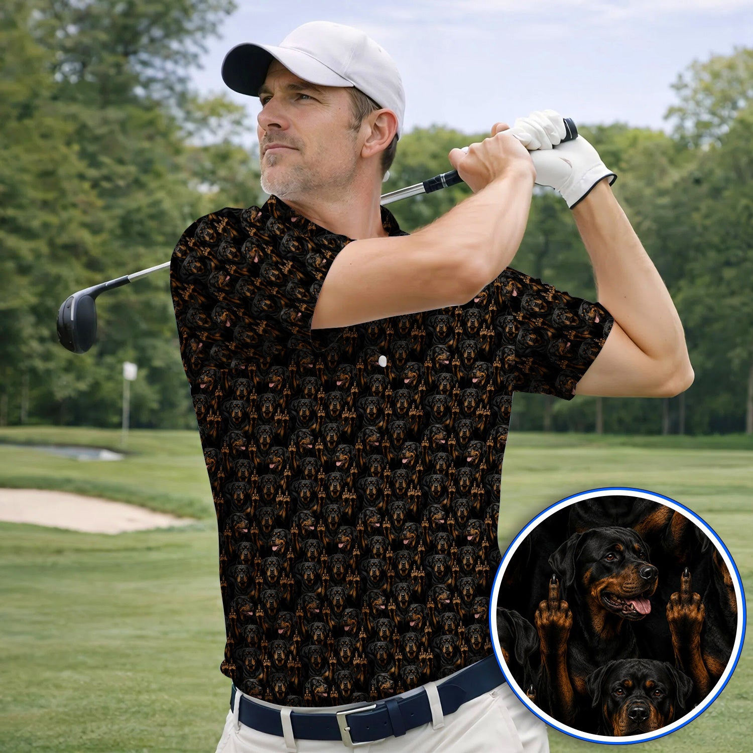 Rottweiler Middle Finger Golf Polos, Funny Rottweiler Pattern Golf Shirt, Golf Gift For Golfer
