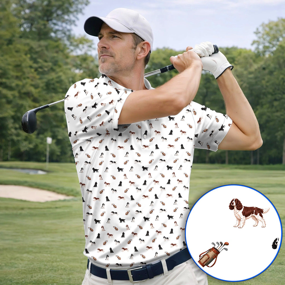 English Springer Spaniel Golf Shirt, Funny Dog Pattern Golf Polos, Golf Gift For Golfers