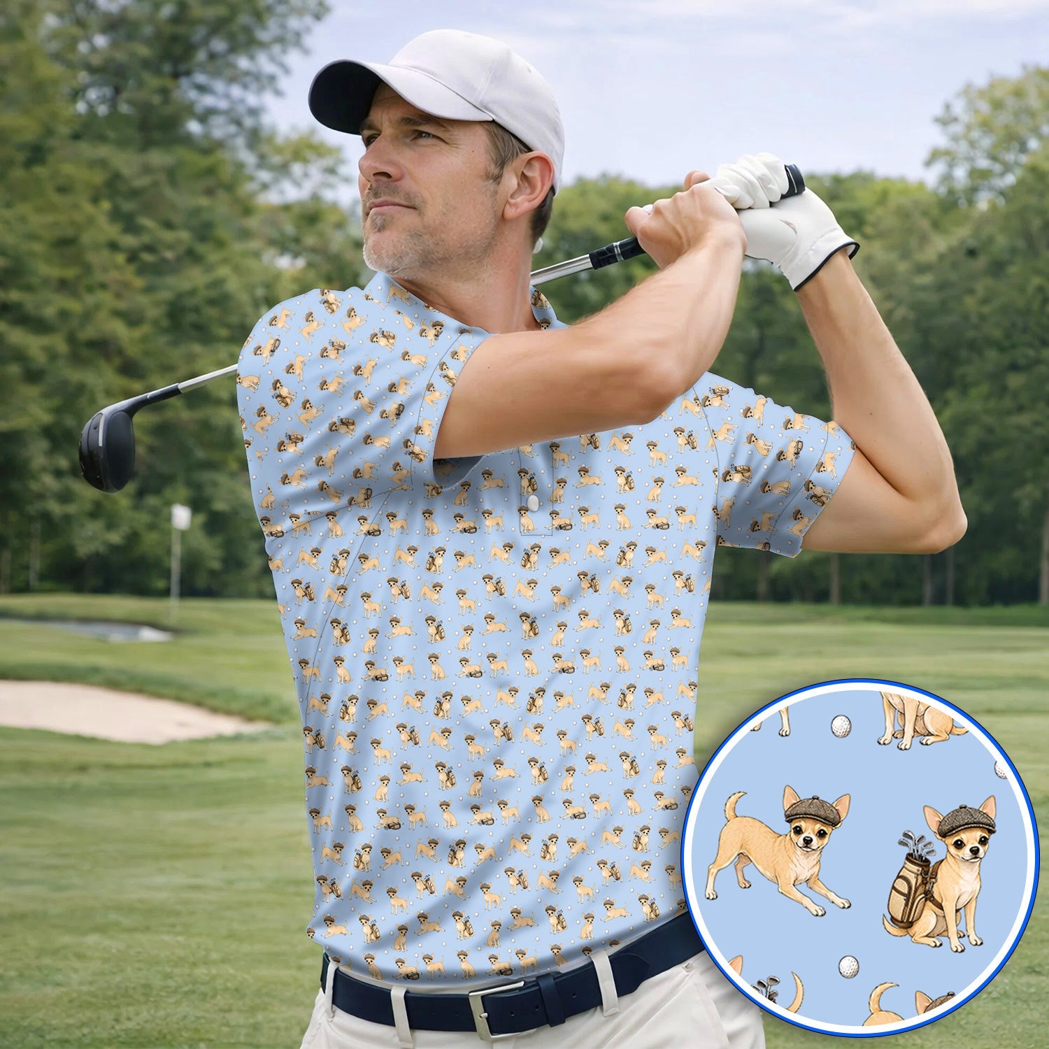 Funny Chihuahua Golf Polos, Cute Chihuahua Pattern Golf Shirt for Dog Lovers, Golf Gift For Golfer
