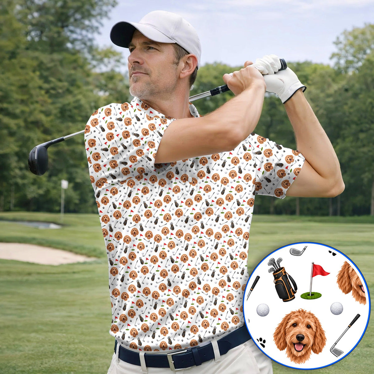Goldendoodle Golf Polos, Crazy Doodle Dog Pattern Golf Shirt, Golf Gift For Golfers
