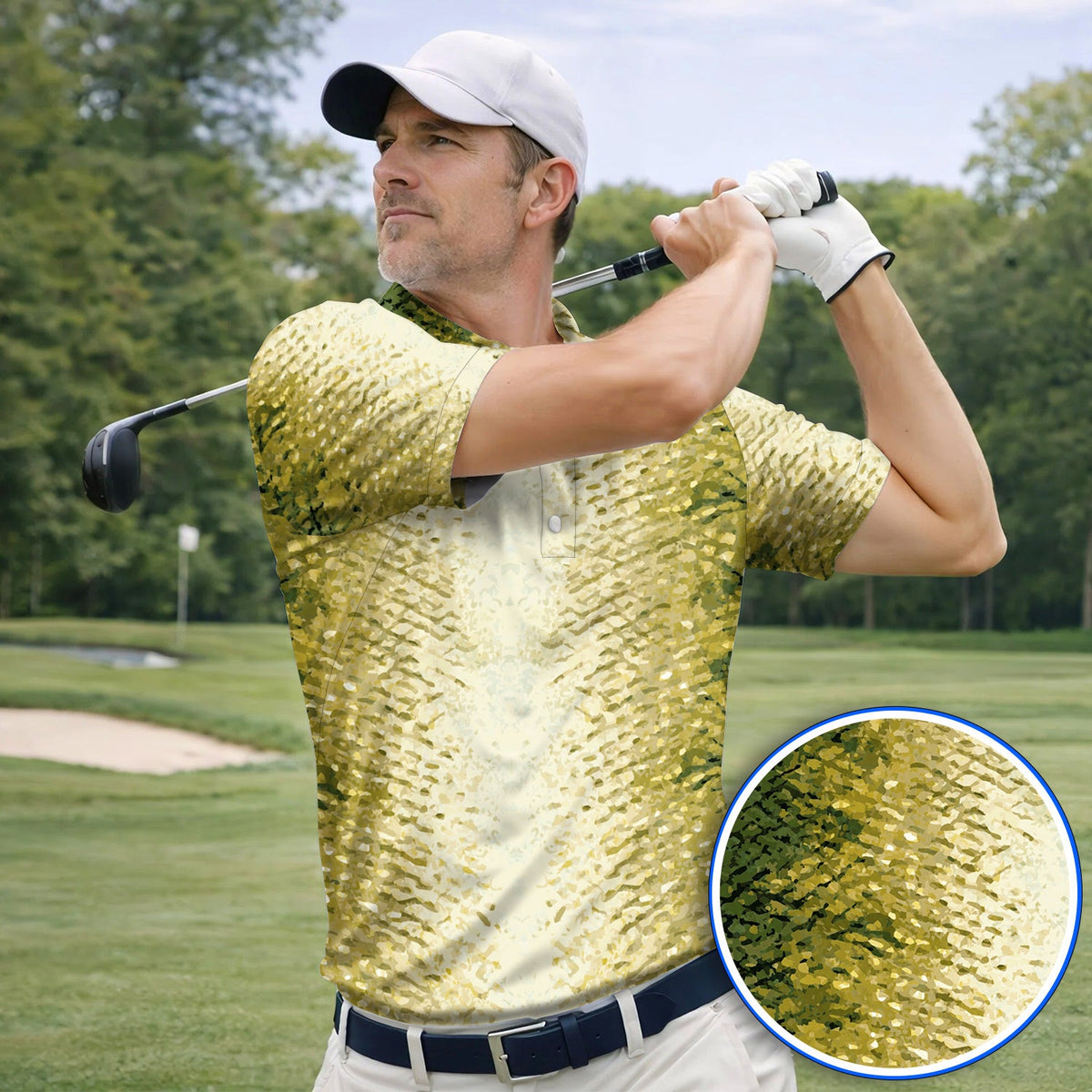 Bass Fishing Pattern Golf Polos, Golden Green Bass Fish Scale Golf Shirt, Golf Gift For Fishers