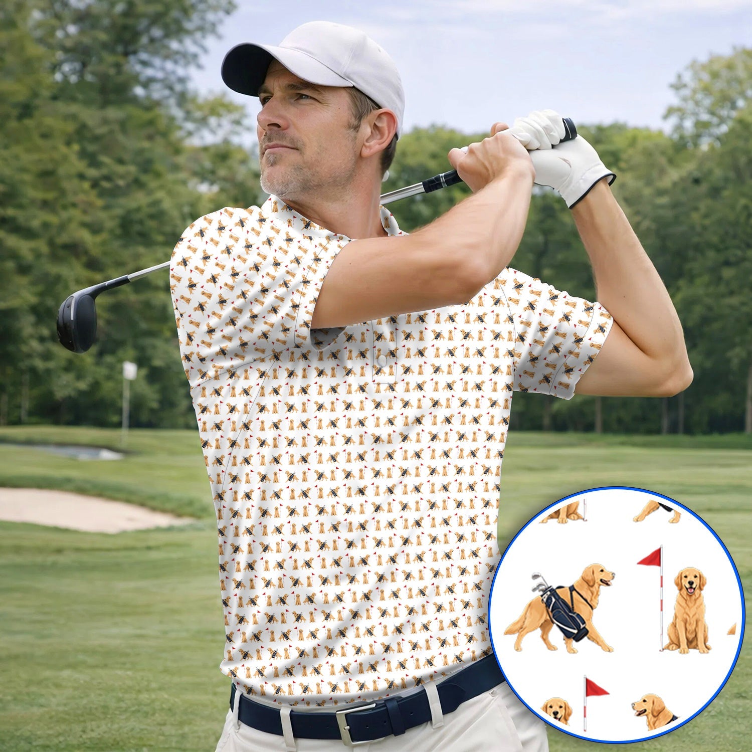 Funny Golden Retriever Golf Shirt, Golden Retriever Pattern Golf Polos, Dog Lover Golf Shirt