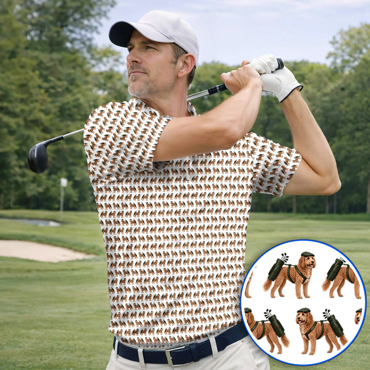 Goldendoodle Golf Polos, Funny Golfing Doodle Dog Pattern Golf Shirt, Golf Gift For Golfers