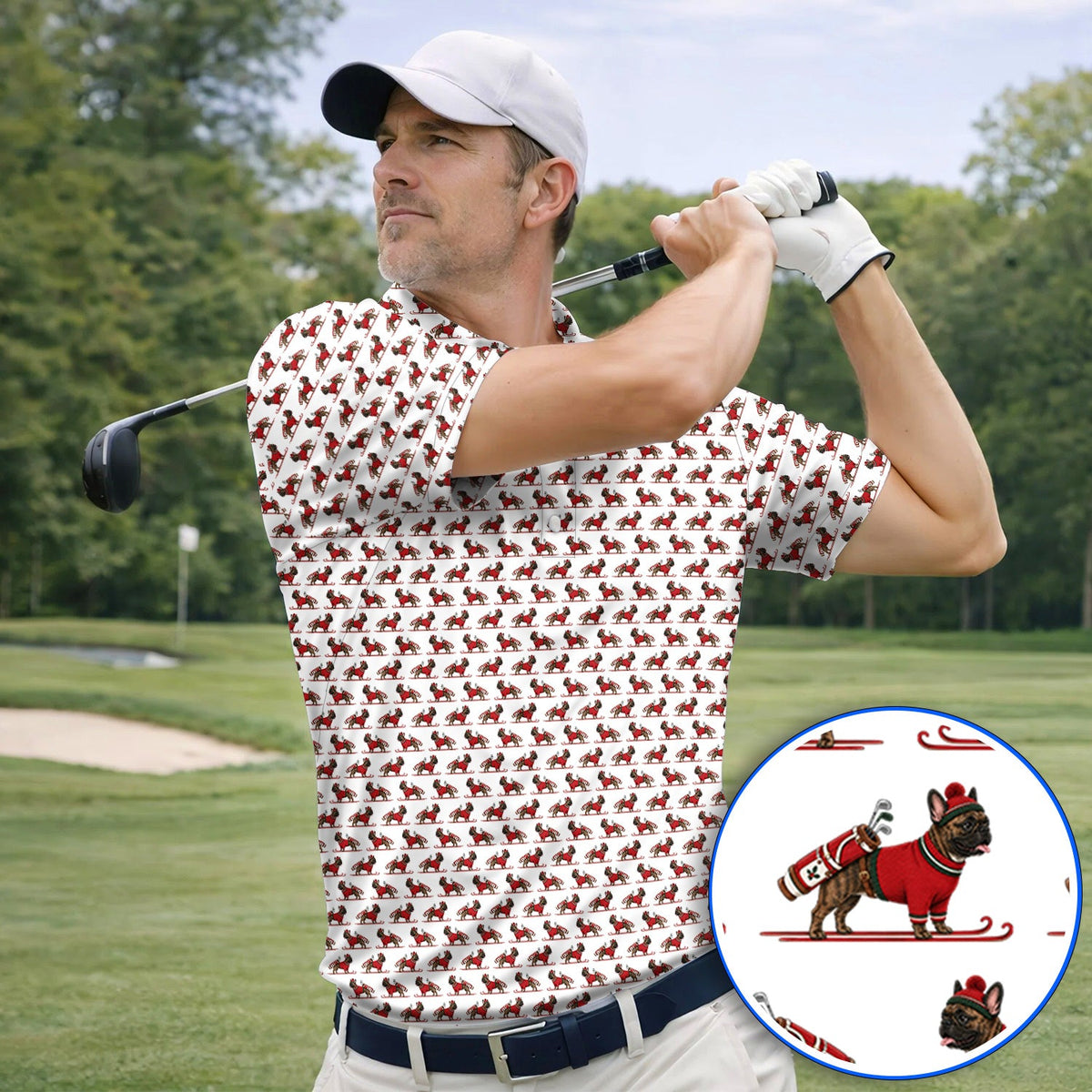 French Bulldog Holiday Golf Polos, Christmas Dog Pattern Golf Shirt, Festive Golf Gift for Golfers