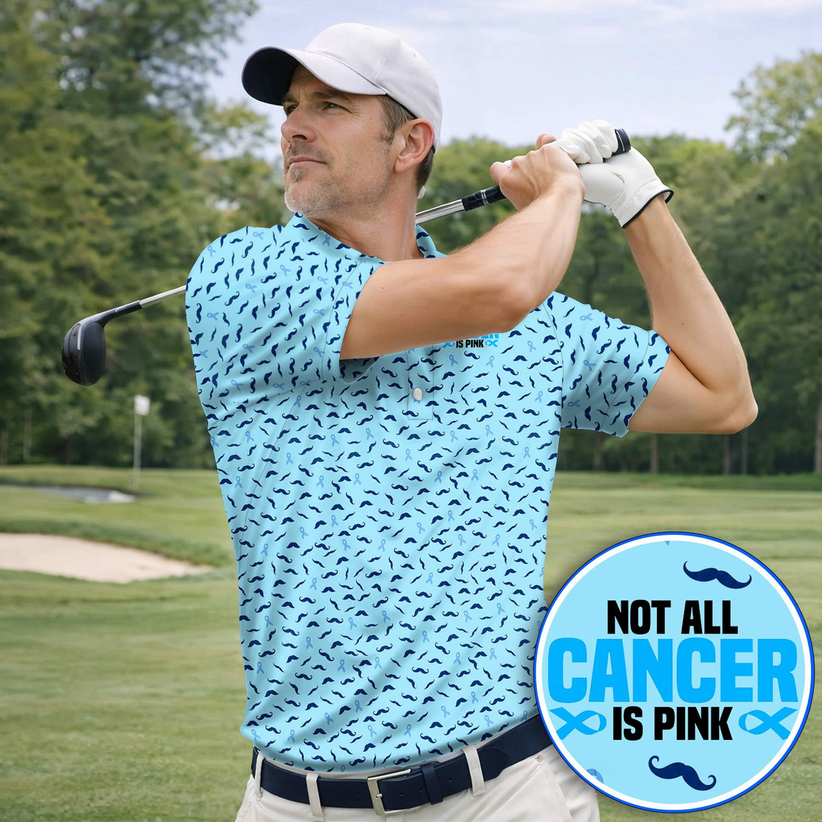 Prostate Cancer Awareness Golf Shirt, Blue Ribbon Mustache Pattern Golf Polos, Support Gift for Golfers