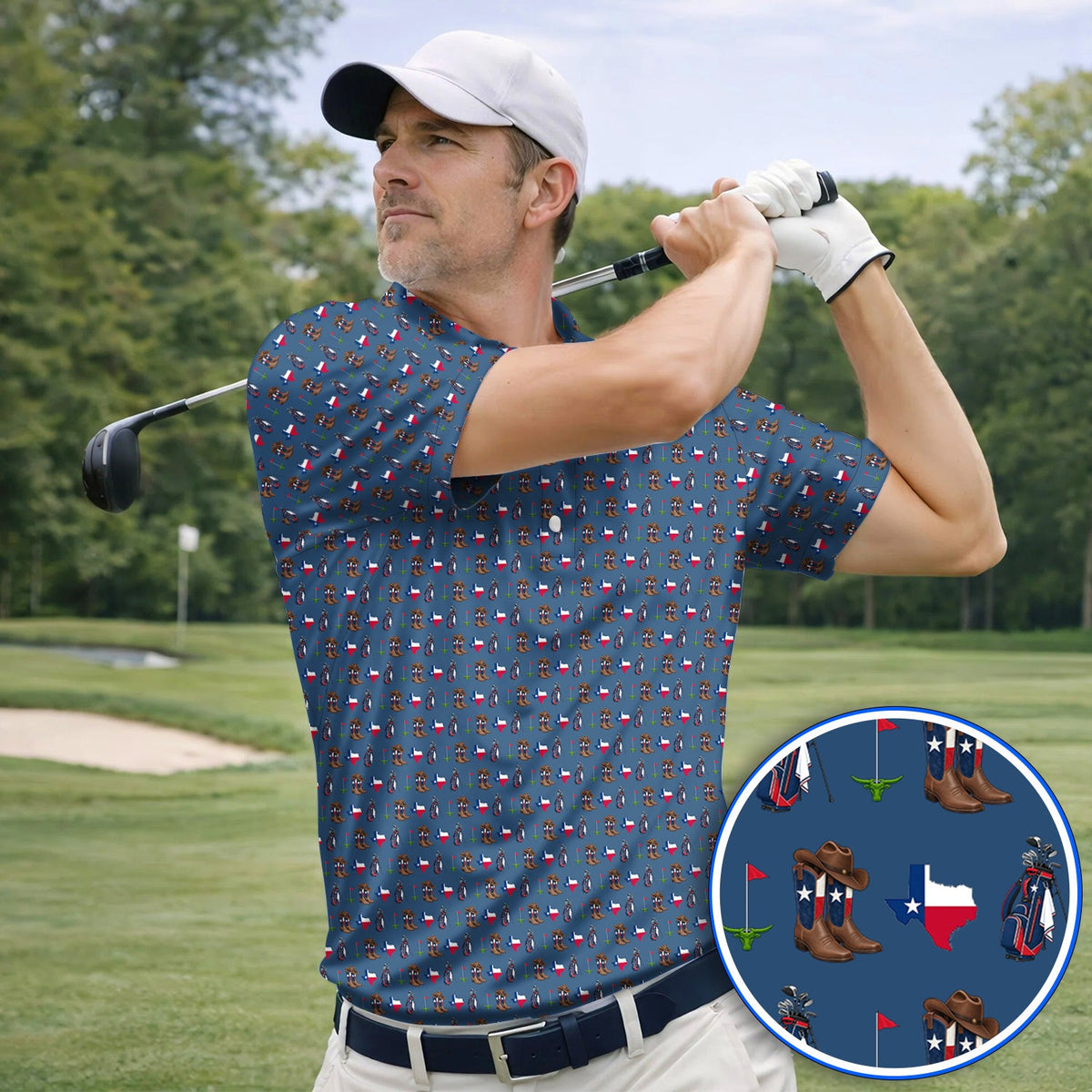 Texas Cowboy Golf Shirt, Western Texas Golf Pattern Polos, Crazy Golf Gift For Golfer