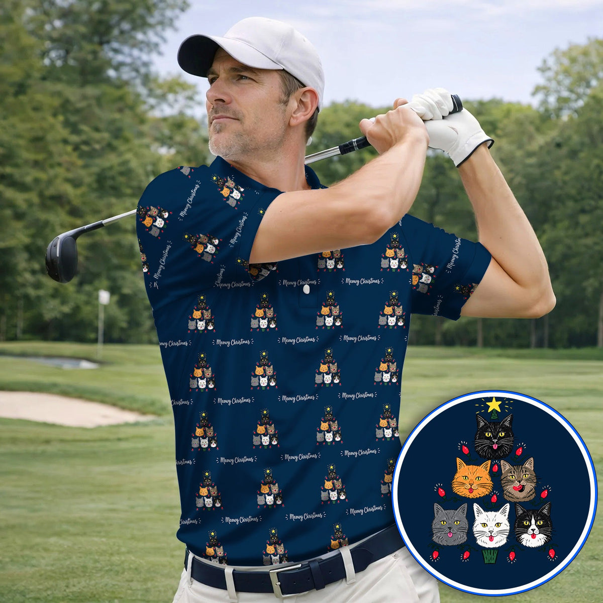 Meowy Christmas Cat Golf Polos, Festive Cat Christmas Pattern Golf Shirt, Xmas Golf Gift For Cat Lovers