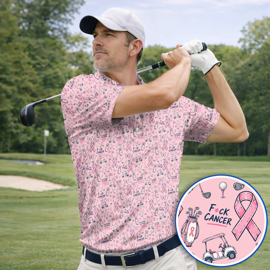 Fight Cancer Golf Shirt, Pink Ribbon Golf Cart Pattern Polos, Breast Cancer Awareness Gift for Golfers
