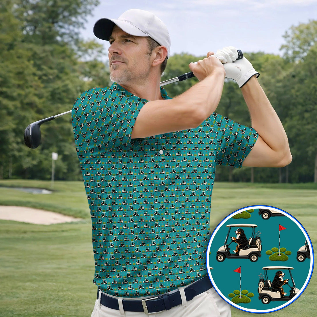 Bernese Mountain Golf Cart Pattern Polos, Funny Bernese Golf Shirt, Golf Gift For Golfer