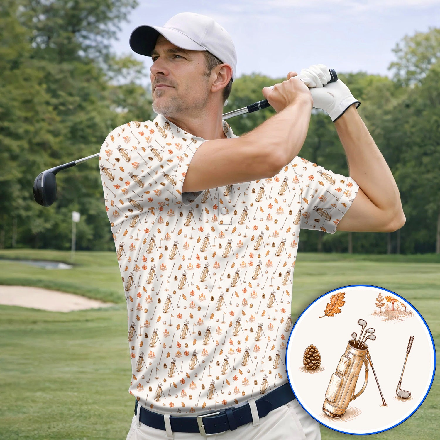 Vintage Squirrel Golf Polos, Autumn Golf Fall Pattern Shirt, Golf Gift For Golfer