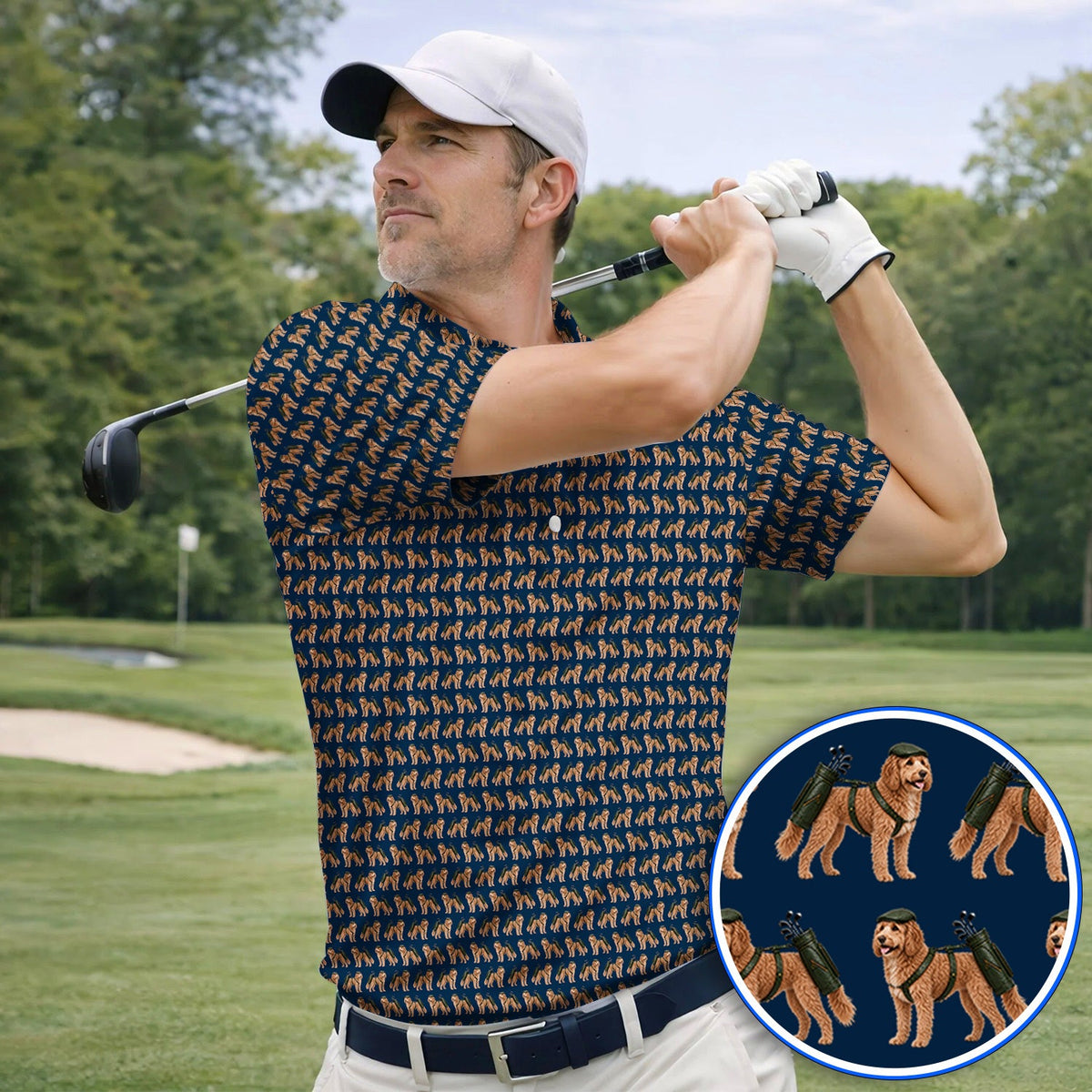 Goldendoodle Golf Polos, Funny Golfing Doodle Dog Pattern Golf Shirt, Golf Gift For Golfers