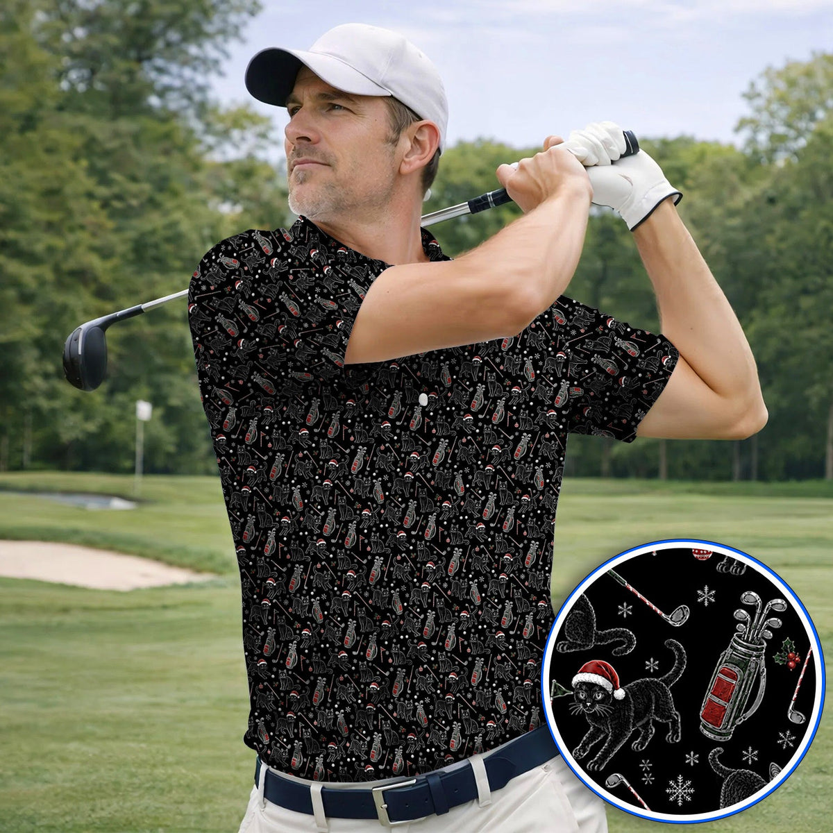 Funny Black Cat Christmas Golf Polos, Holiday Pattern Golf Shirt, Xmas Golf Gift For Golfers