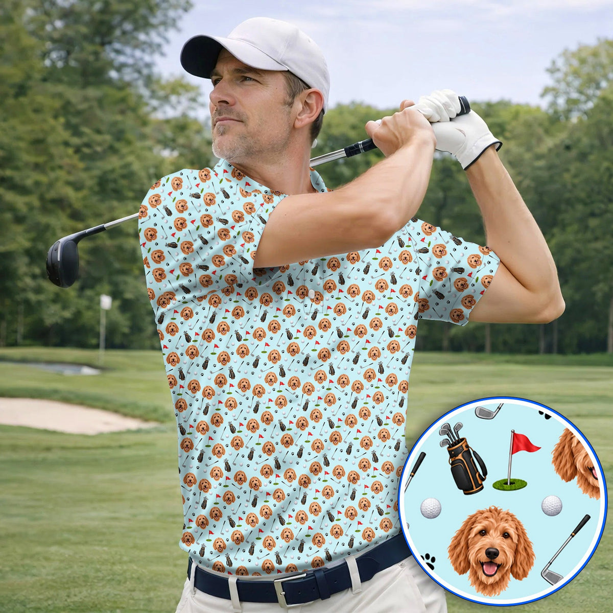 Goldendoodle Golf Polos, Crazy Doodle Dog Pattern Golf Shirt, Golf Gift For Golfers
