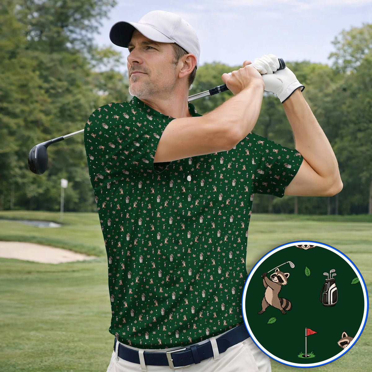 Raccoon Golf Polos, Playful Raccoon Golf Pattern Shirt, Funny Animal Golf Gift for Golfer