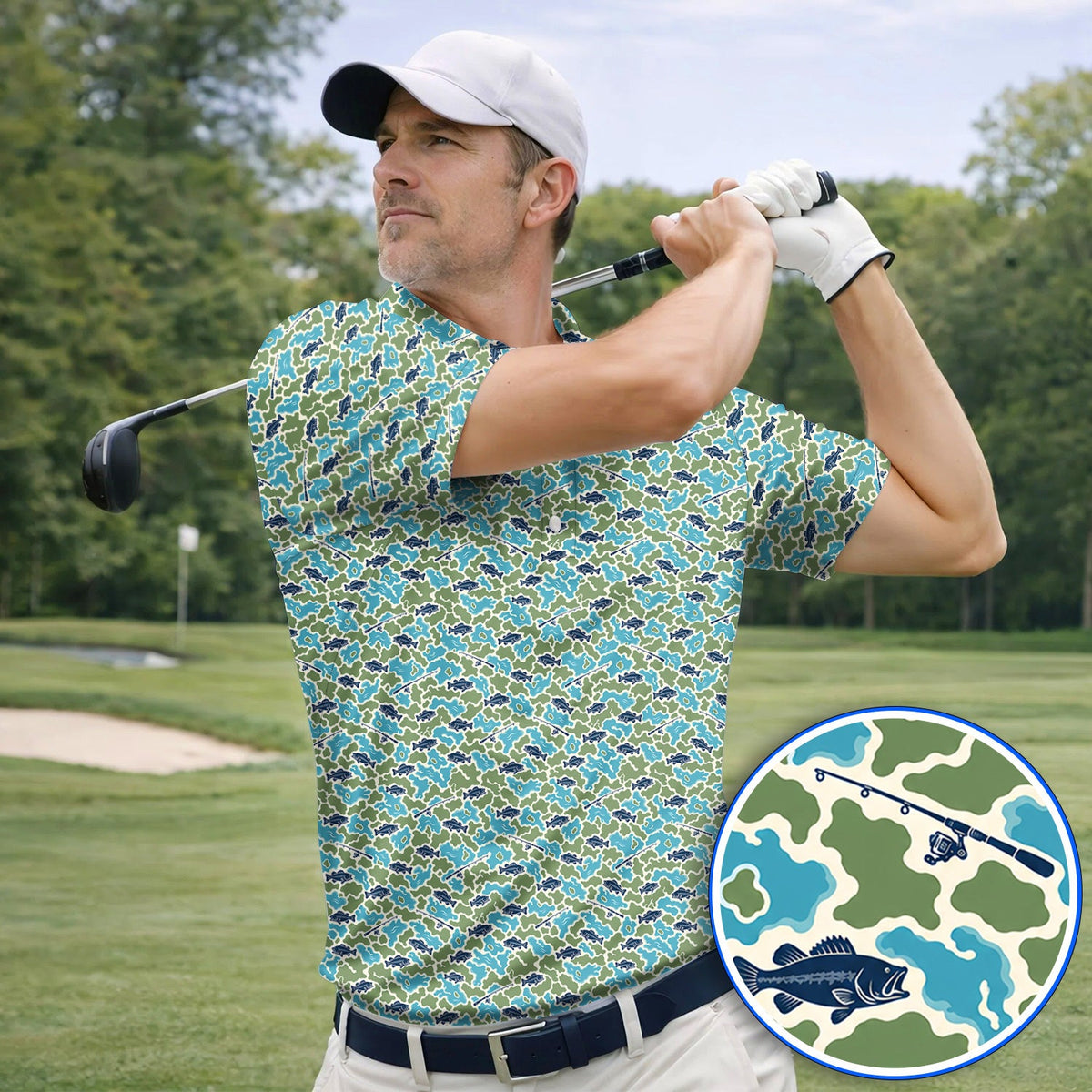 Bass Fishing Camo Golf Polos, Camouflage Pattern Golf Shirt, Crazy Golf Gift For Golfer