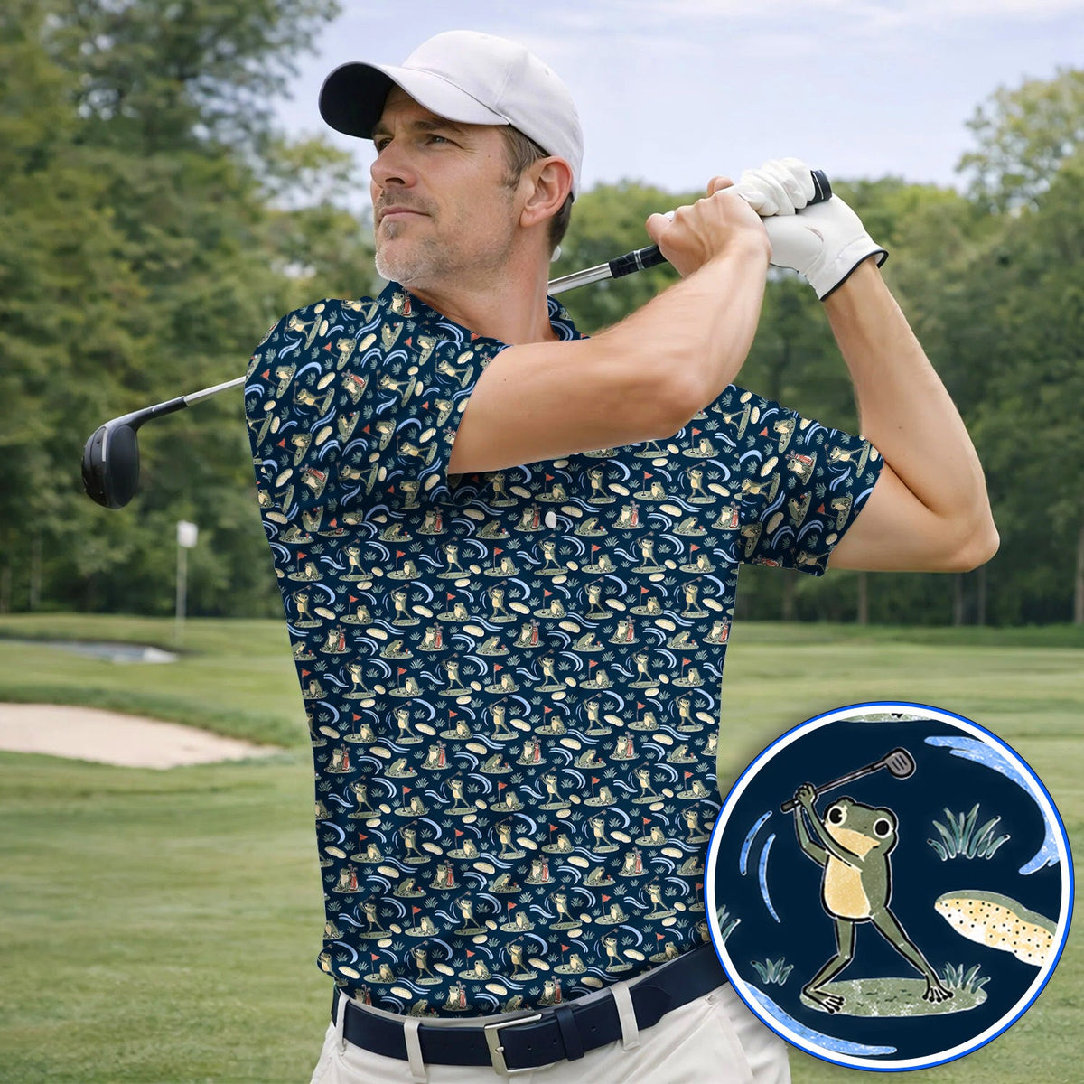 Playful Frog Golf Shirt, Vintage Frog Golf Pattern Polos, Golf Gift For Golf Lovers