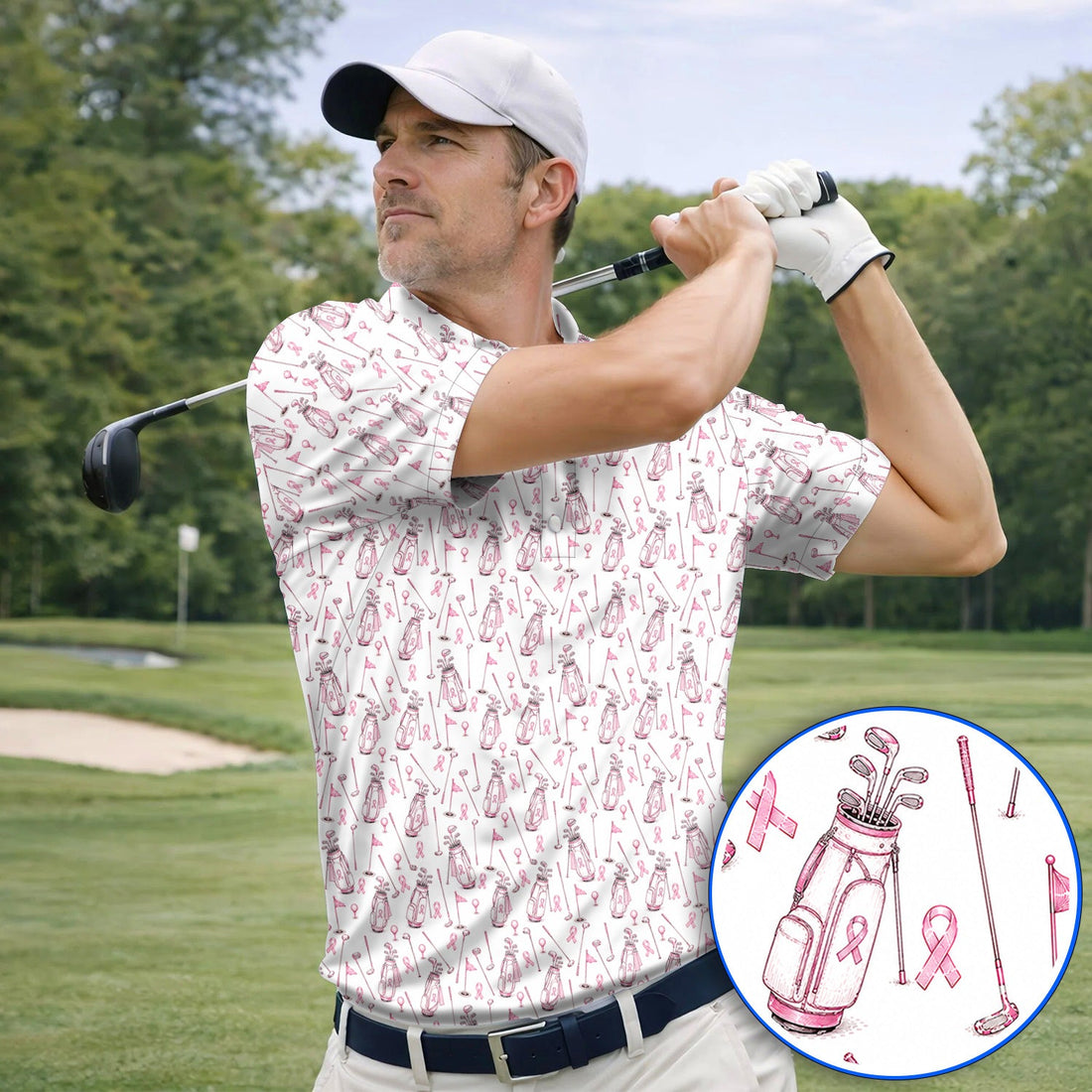 Breast Cancer Pattern Golf Shirt, Pink Ribbon Golf Polos for Golf Lovers, Support Breast Cancer Awareness Gift