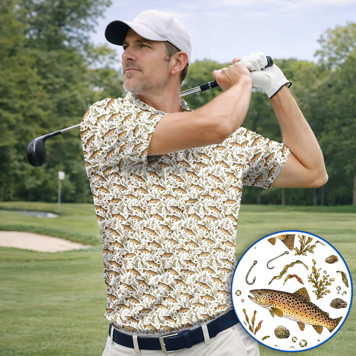 Funny Brown Trout Fishing Golf Polos, Vintage Trout & Fly Fishing Pattern Golf Shirt, Golf Gift For Golfer