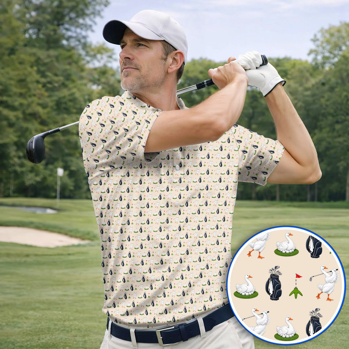 Funny Goose Golf Polos, Teal Goose & Golf Pattern Shirt, Golf Apparel Gift For Golfer