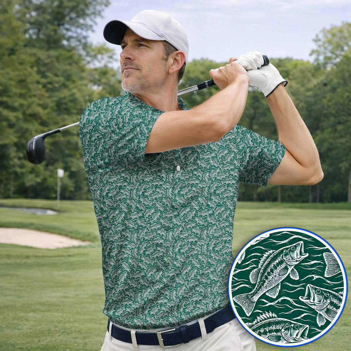 Vintage Bass Fishing Golf Polos, Forest Green Fish & Water Pattern Shirt, Golf Apparel Gift for Fishing Lovers