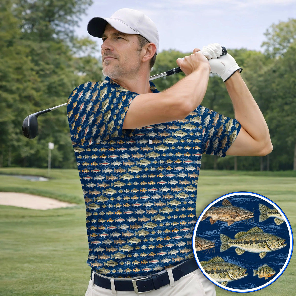 Freshwater Fishing Pattern Golf Shirt, Bass Trout Catfish & Perch Golf Polos, Fishing Gift For Golfer