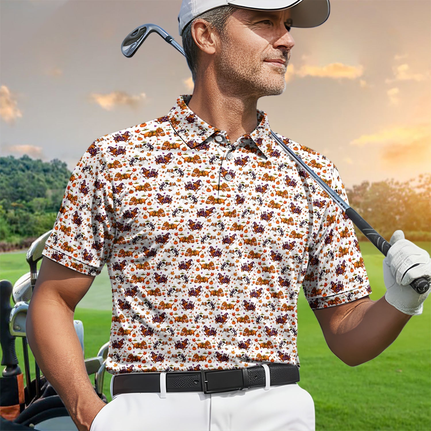 Halloween Dachshund Golf Polo Shirt for Men – Funny Spooky Wiener Dog Golfer Polo