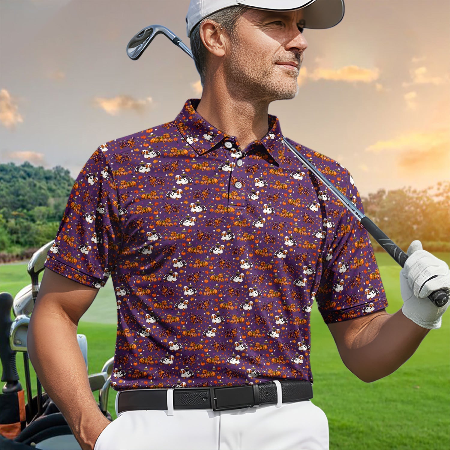 Halloween Dachshund Golf Polo Shirt for Men – Funny Spooky Wiener Dog Golfer Polo
