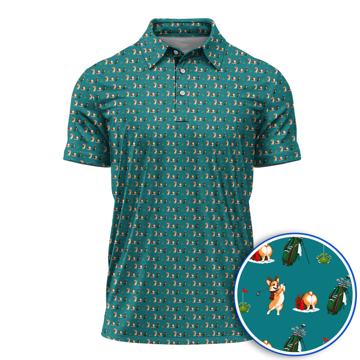 Funny Corgi Christmas Golf Polos, Xmas Corgi Pattern Golf Shirt, Golf Gift For Golfers