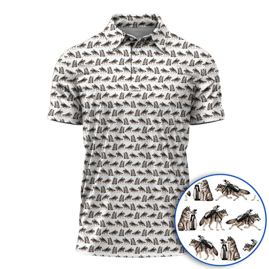 Wolf Golf Pattern Polos, Wild Wolf Golfing Shirt, Unique Wolf Golf Gift for Golfers