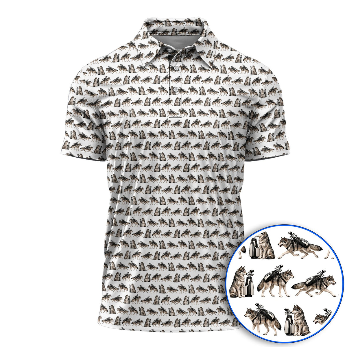 Wolf Golf Pattern Polos, Wild Wolf Golfing Shirt, Unique Wolf Golf Gift for Golfers