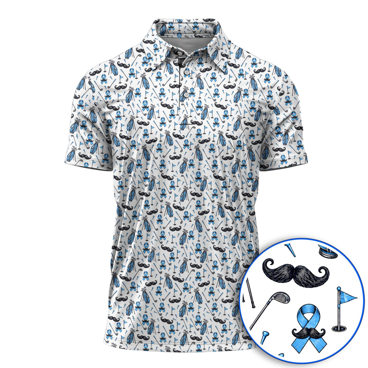 Prostate Cancer Golf Polos, Blue Ribbon Pattern Golf Shirt, Crazy Golf Gift For Golfers