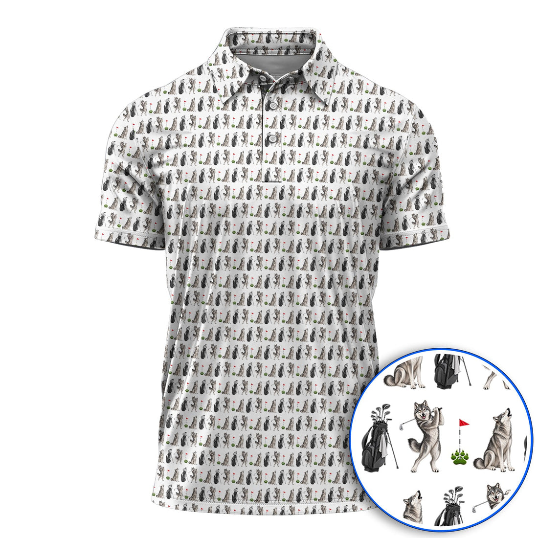 Wolf Golf Polos, Funny Wolf Golf Pattern Shirt, Wildlife Lover Golf Gift for Golfer