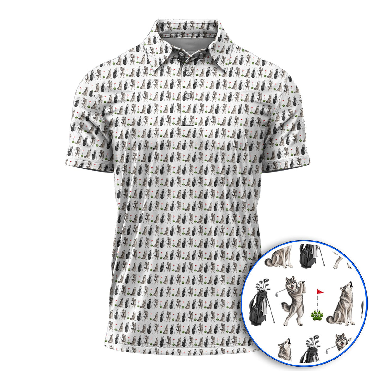 Wolf Golf Polos, Funny Wolf Golf Pattern Shirt, Wildlife Lover Golf Gift for Golfer