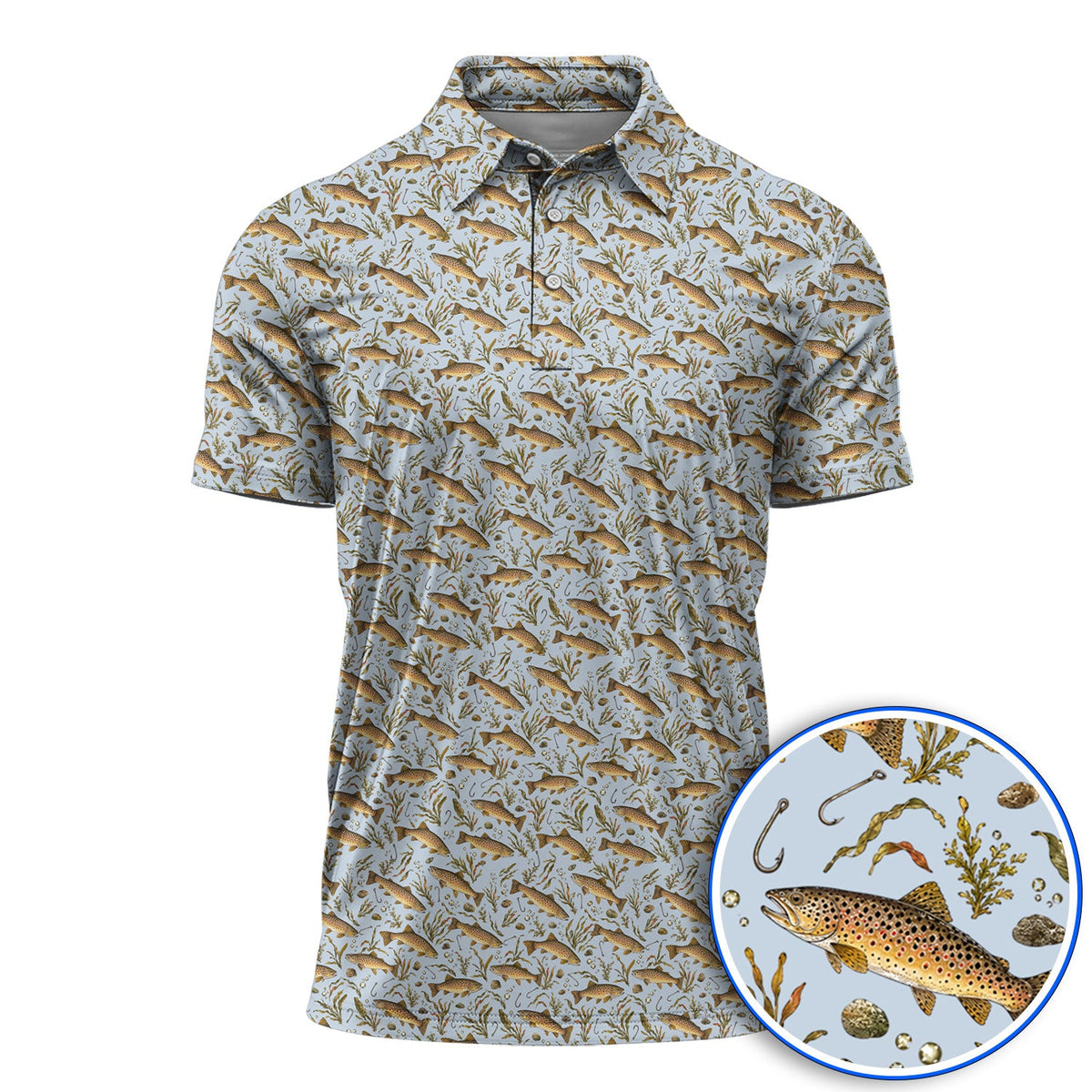 Funny Brown Trout Fishing Golf Polos, Vintage Trout & Fly Fishing Pattern Golf Shirt, Golf Gift For Golfer