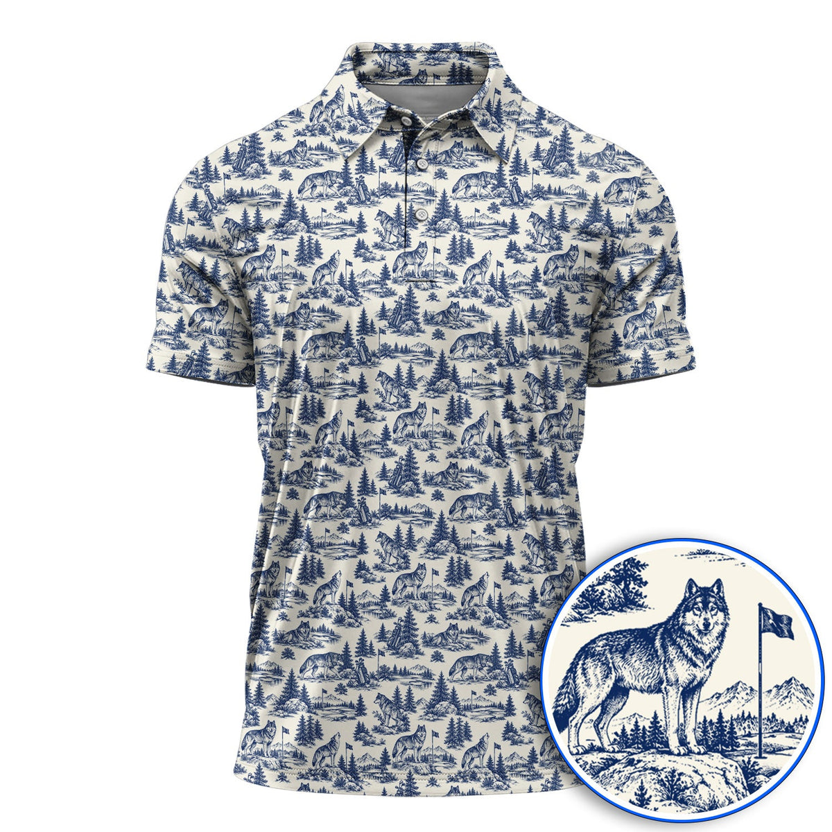 Vintage Wolf Golf Polos, Wilderness Wolf Pattern Golf Shirt, Nature Inspired Golf Gift for Golfers