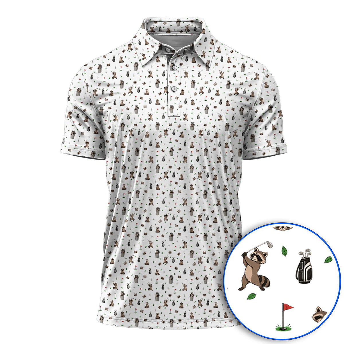 Raccoon Golf Polos, Playful Raccoon Golf Pattern Shirt, Funny Animal Golf Gift for Golfer
