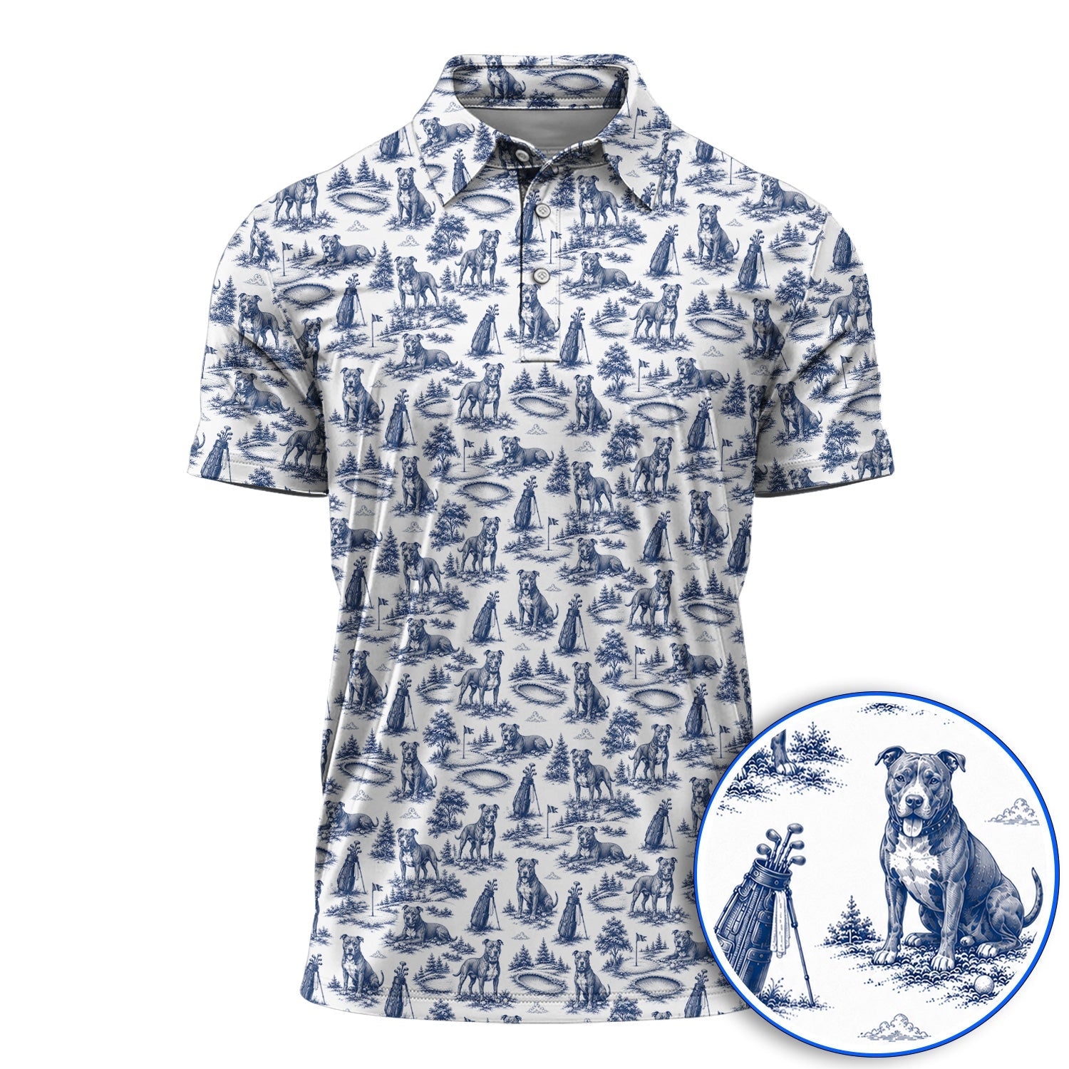 Crazy Pit Bull Golf Polos For Golfer, Toile de Jouy Pit Bull Pattern Golf Shirt, Dog Lover Golf Gift