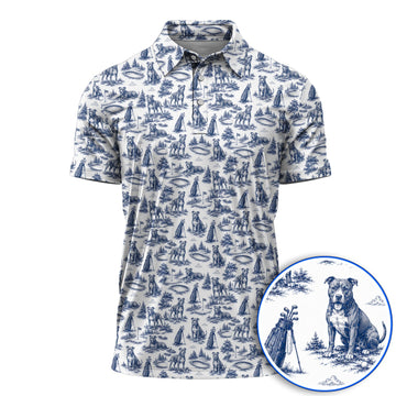 Crazy Pit Bull Golf Polos For Golfer, Toile de Jouy Pit Bull Pattern Golf Shirt, Dog Lover Golf Gift