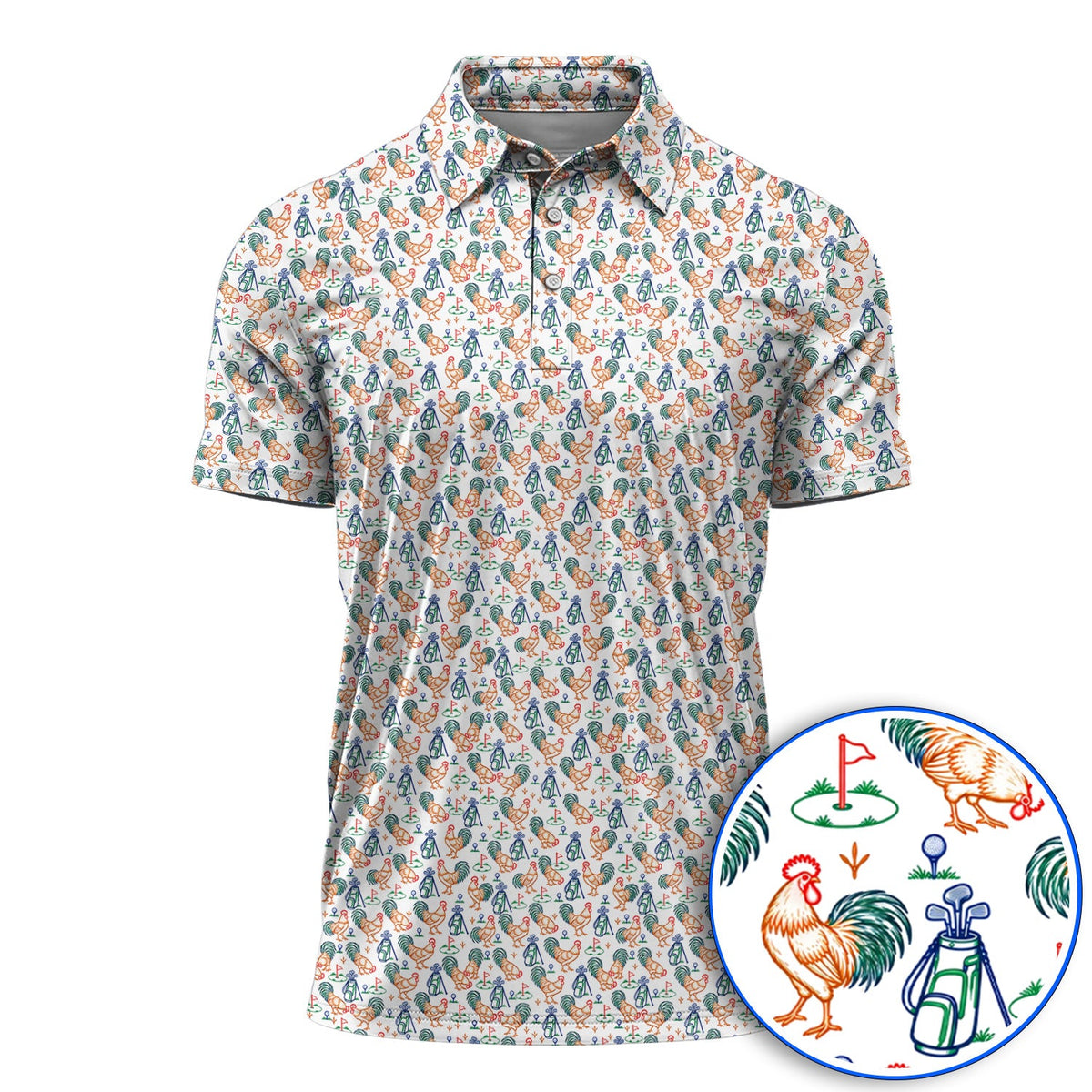 Colorful Rooster Golf Polos, Rooster Pattern Golf Shirt For Chicken Lovers, Funny Golf Gift for Golfers