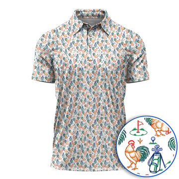 Colorful Rooster Golf Polos, Rooster Pattern Golf Shirt For Chicken Lovers, Funny Golf Gift for Golfers
