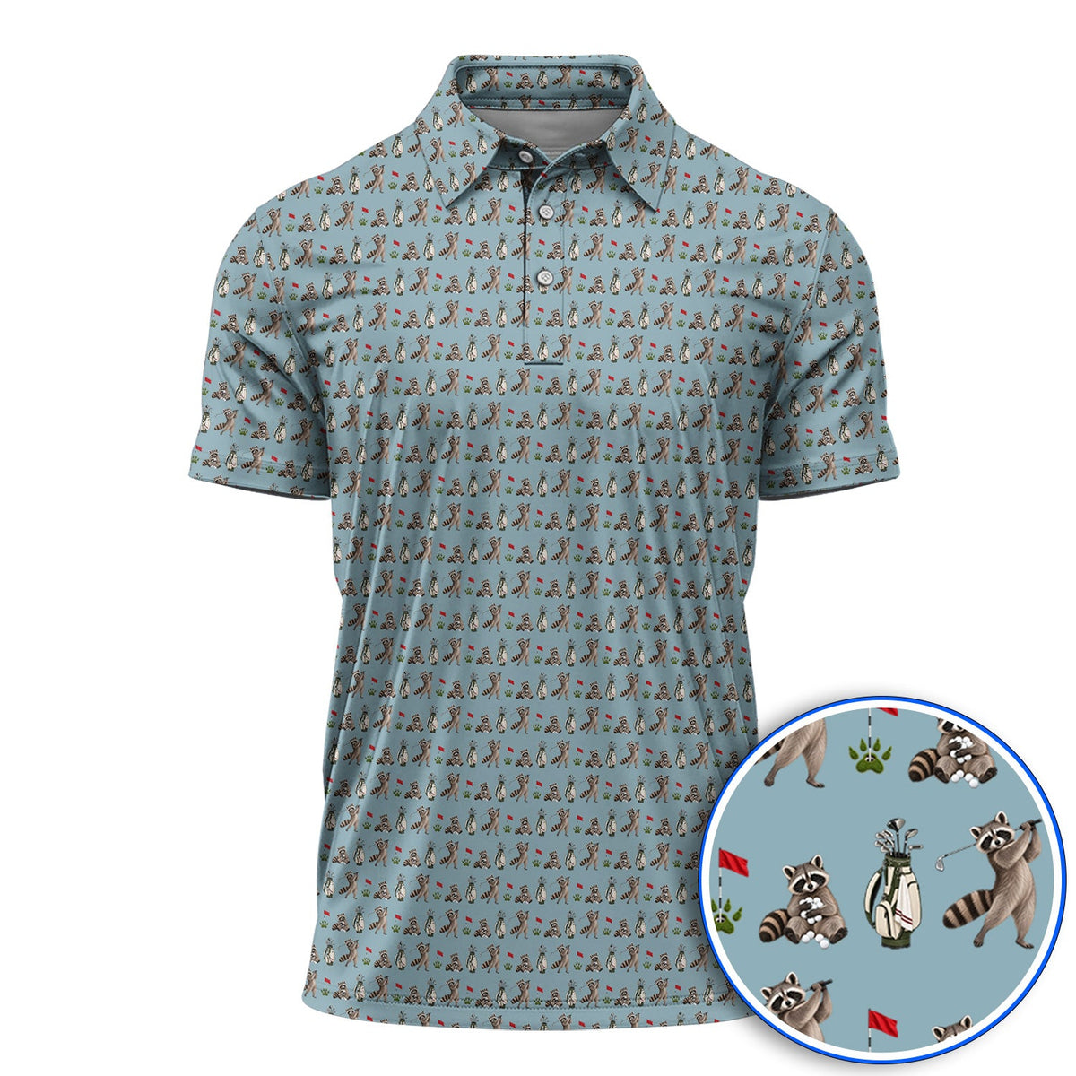 Raccoon Golf Pattern Polos, Funny Raccoon Golf Shirt, Woodland Golf Gift For Golfers