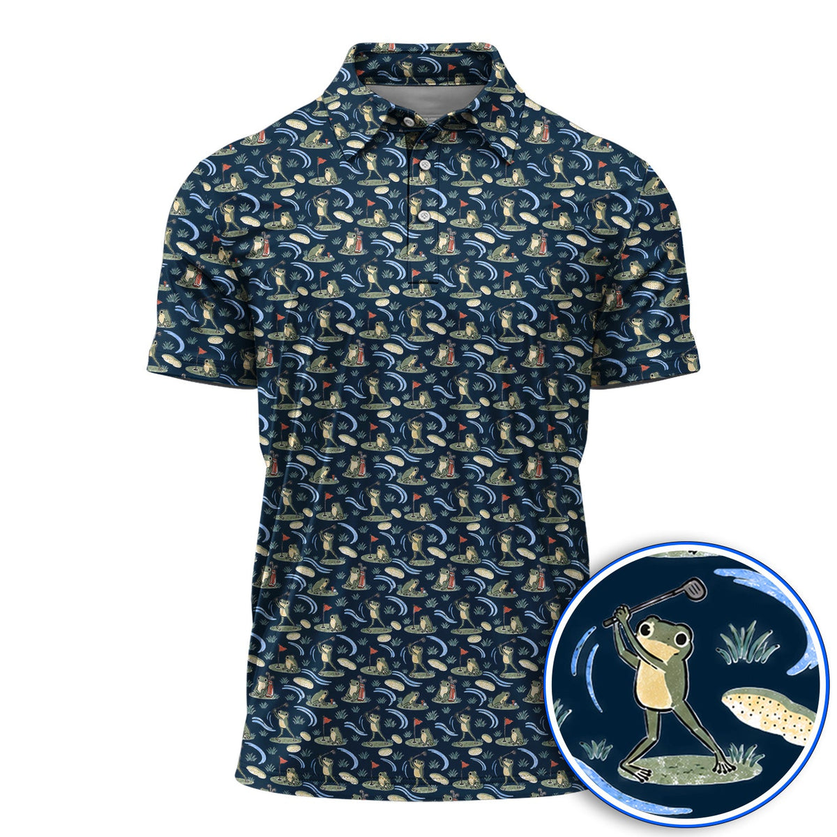 Playful Frog Golf Shirt, Vintage Frog Golf Pattern Polos, Golf Gift For Golf Lovers
