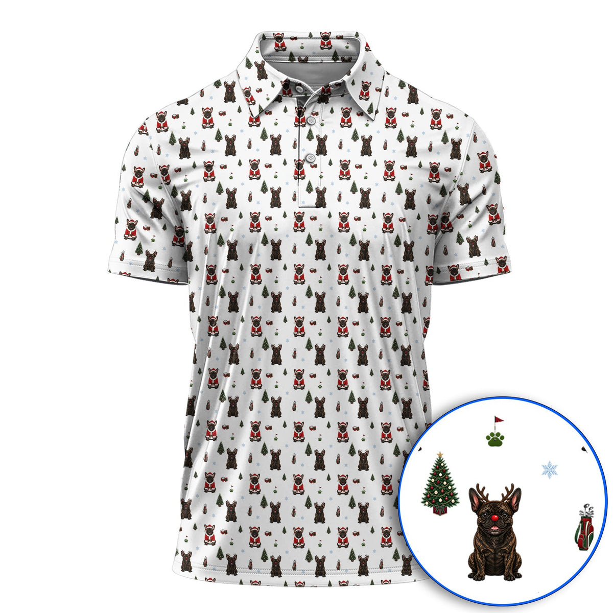 Reindeer French Bulldog Christmas Golf Polos, Festive Dog Holiday Pattern Golf Shirt, Xmas Golf Gift for Golfers